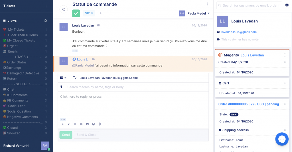 DND-Gorgias Helpdesk Magento : exemple statut de commande